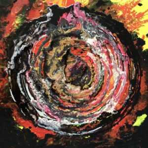 Un tableau rouge en forme de tourbillon avec des couleurs noires et jaune